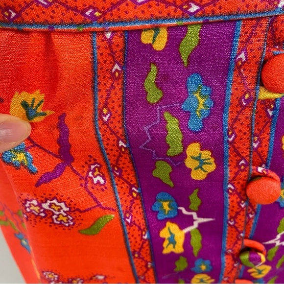 Size XS Orange Purple Vibrant Maxi Dress VTG 60s 70s Gogo Mod Boho Hippie Floral - Picture 6 of 16